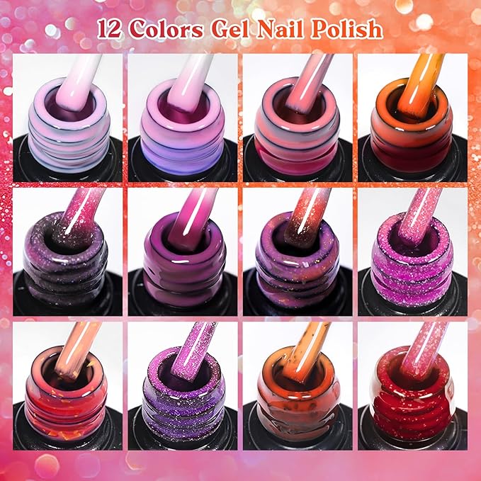 MEET ACROSS Color Changing Gel Nail Polish Set, 12 Temperature Mood Changing Colors Pink Orange Purple, Soak Off UV Light Cure Gel Polish for Salon and Nail Art DIY at Home
