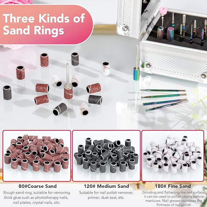 Onism 25Pcs Nail Drill Bits Set with 75Pcs Sanding Bands (80#/120#/180#), High-Precision Tungsten Carbide & Ceramic Efile Bits for Acrylic Gel Removal, Cuticle Care Kit with Organizer Box,Silver