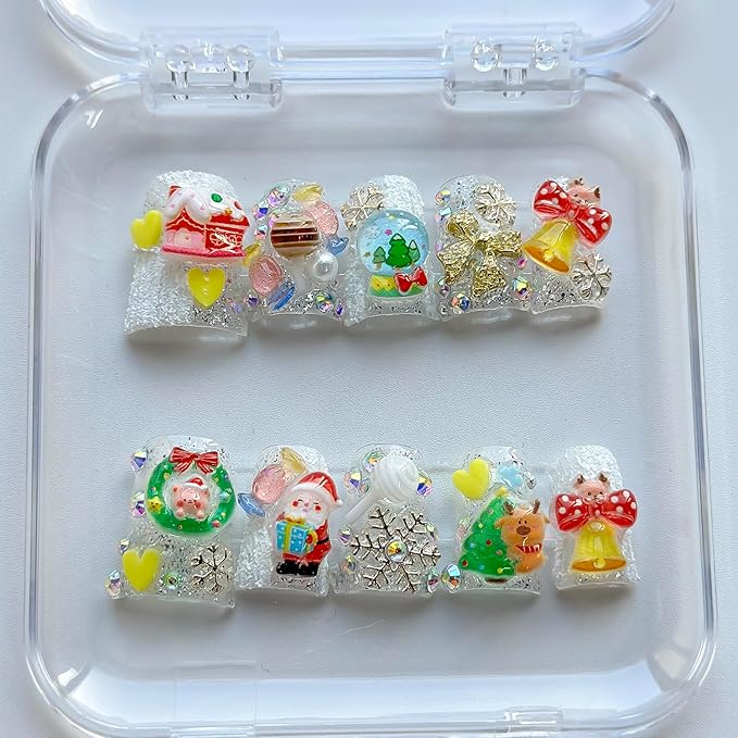 Christmas Luxury Press on Nails Short Duck Handmade 3D Unique Reusable ABS Material Fake Nails Cute False Nails with Santa Reindeer Tree Snowflake Bow Glossy Glue on Nail Thick Acrylic Nail(S)
