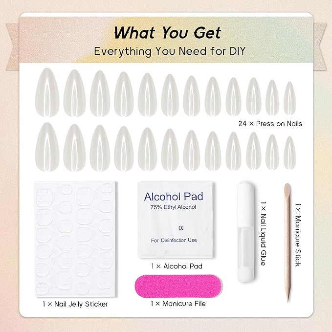 Chrome Press On Nails Almond, Glazed Opal White Mirrored Glue on Nails Medium Press Ons, Acrylic Natural Fit Stick on Nails in 12 Sizes - 24Pcs Fake Nail Kit for Women