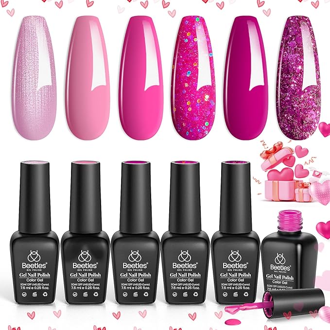 beetles Gel Polish Pink Angel - Valentine Gel Nail Polish Set Pink Rose Nude Glitter Sparkle Light 6 Colors Kit Soak off Uv Led Nail Art DIY Salon Home Gift for Women Girls