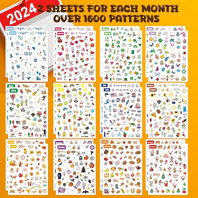 12 Months All Holiday Nail Stickers, 24 Sheets Seasonal Variety Pack 2 Pcs Per Month DIY Nail Art, Self-Adhesive Pegatinas Uñas for a Year of Halloween Christmas Thanksgiving&Valentine’s Day