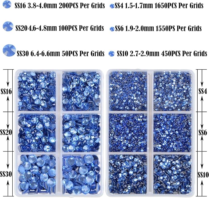 NCB Hotfix Iron on 8000pcs Crystal Rhinestones Round Gem for Crafts Decoration DIY Jewelry Making with a Tweezers and 2 Picking pens (Lt. Sapphire, 6Sizes SS4-SS30)
