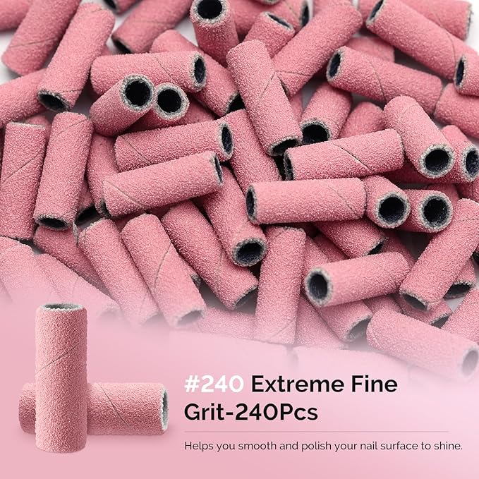 MelodySusie 240 Pcs Nail Drill Bits Small Sanding Bands for 3.1mm Mandrel Bit, 240 Extreme Fine Grit Nail File for Acrylic Nails Gel Manicures and Pedicure, Pink (Only Sanding Bands)