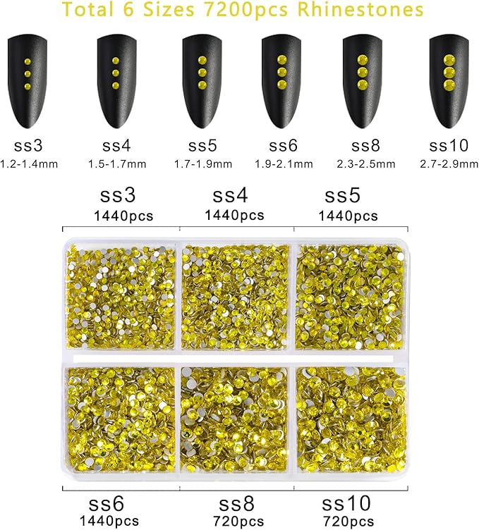 Beadsland 7200pcs Flatback Rhinestones,Yellow Rhinestone Nail Gems Round Crystal Rhinestones for Crafts,Mixed 6 Sizes with Wax Pencil Kit, SS3-SS10,Citrine/Lemon Yellow