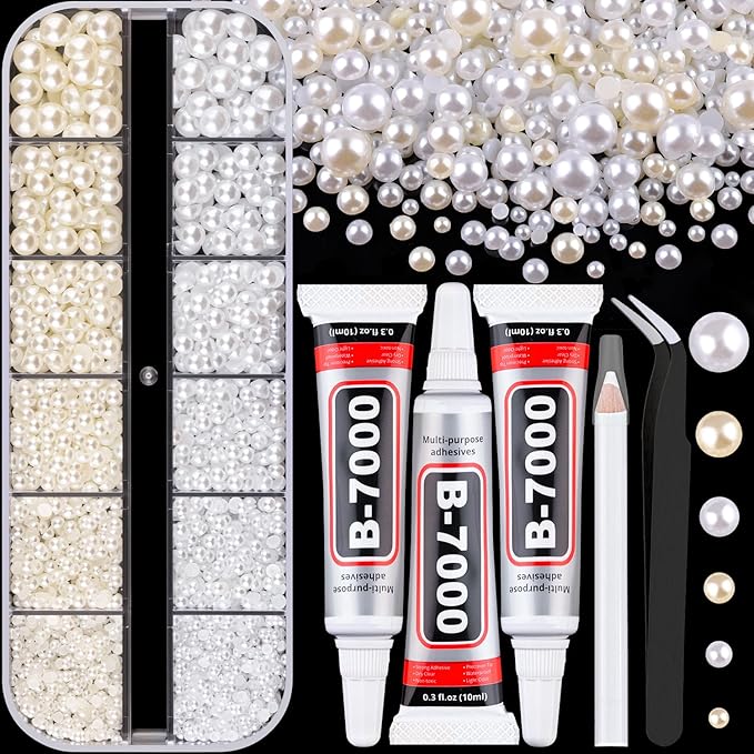Flatback Pearls for Crafting with 3Pcs 10ml B7000 Jewelry Glue, 1 Box of Half Round White and Beige Pearls, Bedazzling Beads for DIY Crafts Clothing Tumblers Shoes Embellishment Nail Art