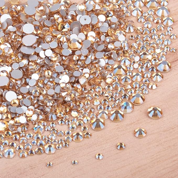 10000 Pieces Rhinestones 6 Sizes Round Crystal Glass Flat Back Rhinestones with 1Tweezers and 1Picking Pen for Nail Art Crafts Clothes Bags DIY (Gold Champagne)