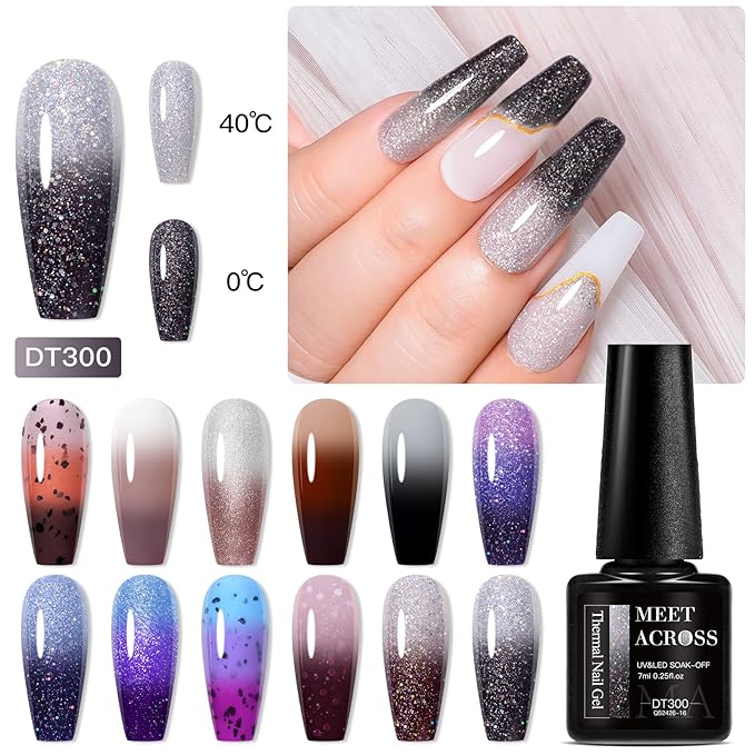 MEET ACROSS 12PCS Color Changing Gel Nail Polish Set Glitter Temperature Mood Changing Color Changed Gel Soak Off Nail Art Design Kit Manicure at Home DIY Special Gifts for Women Girls