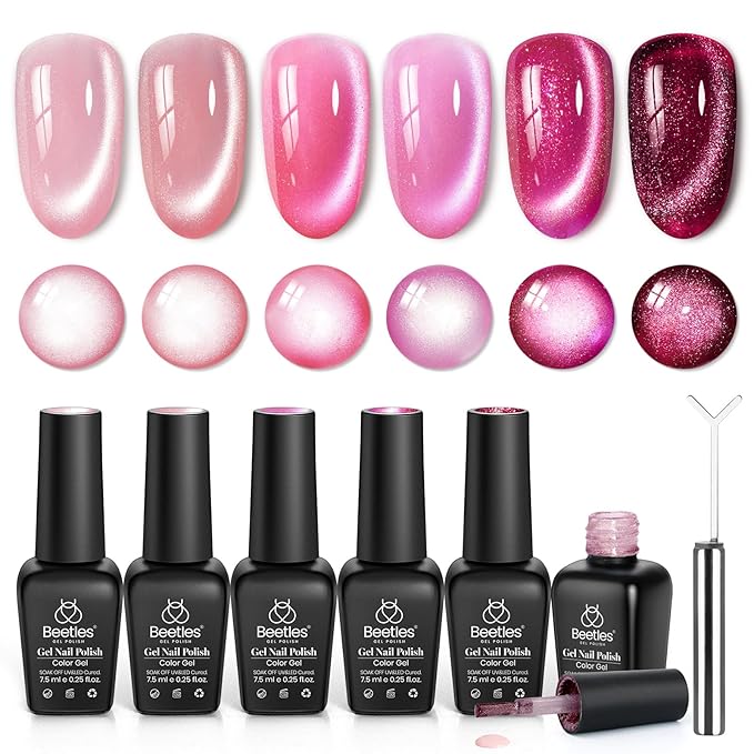 Beetles Pulse of Love Pink Cat Eye Gel Nail Polish Set - 6 Colors Pink Cat Eye Glitter Gel Polish Kit Magnetic Shine Soak Off UV French Nail Art Salon DIY Manicure Spring Gift for Women