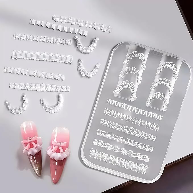 3D Lace Ruffle Nail Art Mold, Bowknot Flower Edge Soft Gel/Resin DIY Decoration Making, Clear Silicone Carving Tool for Acrylic & Gel Nail Extension Tips