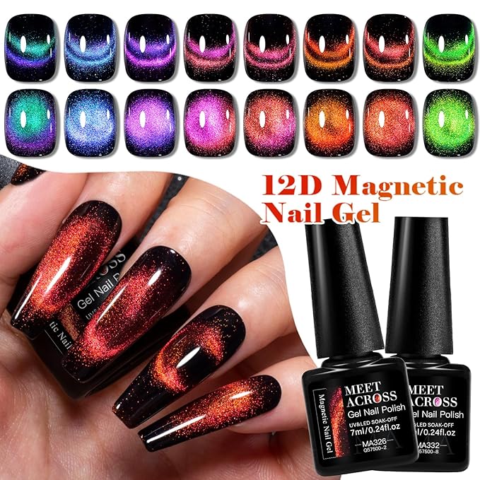 MEET ACROSS 9Pcs Cat Eye Gel Nail Polish Set Red Blue Purple Blue Magnetic Gel Polish Kit with Magnet, Soak Off UV Cateye Nail Polish DIY Manicure Kit 8 Colors