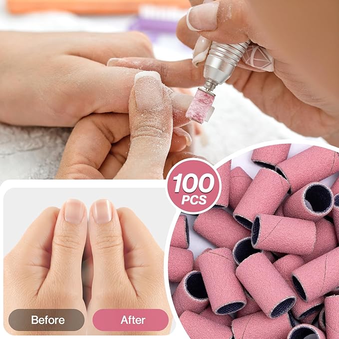 MelodySusie 100 Pcs Nail Drill Bits Sanding Bands for Nail Drill 240 Extreme Fine Grit Nail File Sanding Bands for Acrylic Nails Gel Manicures and Pedicure, Pink