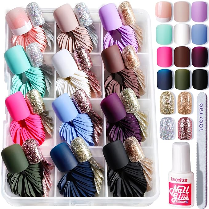 Teenitor Matte Acrylic Short Square Fake Nails, 360Pcs Full Cover, Glitter Press-On False Nails