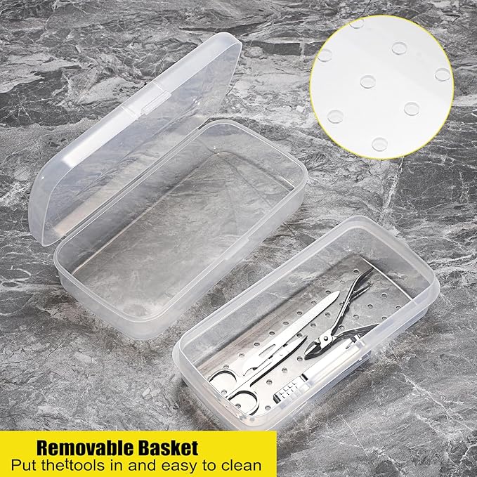 JUXYES Plastic Sterilizing Tray for Nail Art Accessories Tools, Portable Nail Art Tool Sterilizer Tray with Strainer, Fully Transparent Storage Box Organizer for Tweezer, Manicure Tools