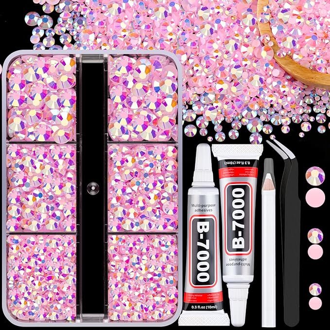 Resin Jelly Rhinestones for Crafting with B7000 Jewelry Glue, 1 Box Light Pink AB Flatback Crystals with 2Pcs 10ml Glue, Bedazzling Non Hotfix Gems for DIY Tumblers Clothing Shoes Manicure