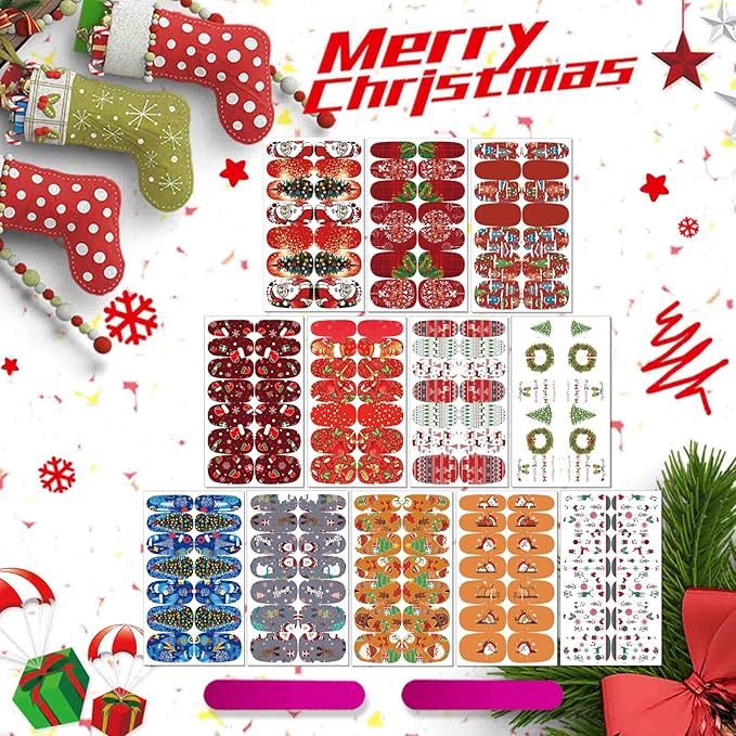 12 Sheets Christmas Nail Wraps Full Stickers Nail Polish Strips, DIY Self-Adhesive Nail Art Decals Santa Claus Xmas Tree Snowflake Pattern with 2 Piece Nail Files for Party Decor (168 Pieces)