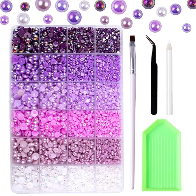9960 Purple AB Pearls Rhinestones, Assorted Size 3/4/6/8mm Flatback Half Pearls for Crafts, Tumblers, Shoes, Nails, Face Art
