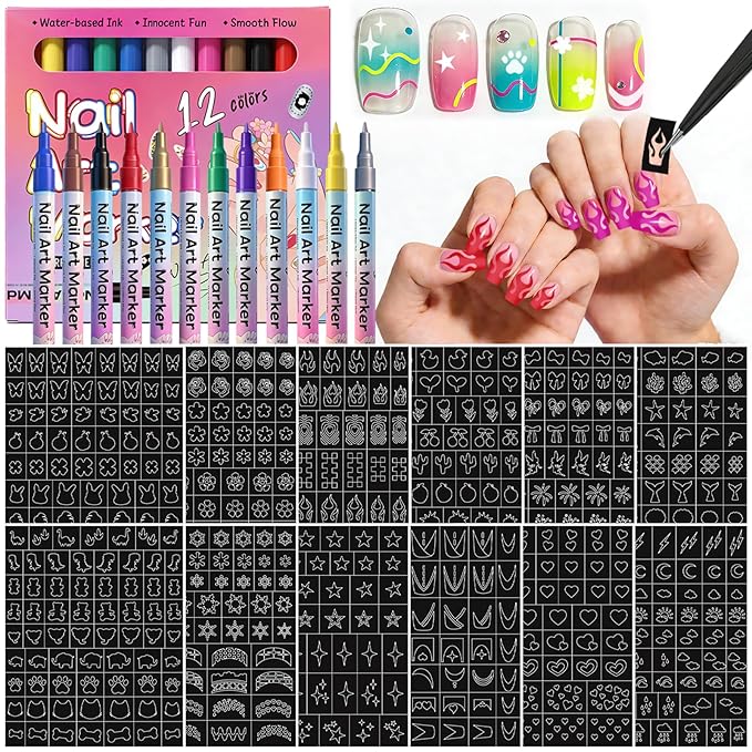 Nail Art Stencils Pens, 12 Nail Art Pens Markers + 14 Sheets Nail Stencils Cute Heart Butterfly Flowers Star Nail Stickers for Women Girl, Flexible Brush Tip, Bright Colors, DIY Nails Art Design Tools