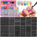Nail Art Stencils Pens, 12 Nail Art Pens Markers + 14 Sheets Nail Stencils Cute Heart Butterfly Flowers Star Nail Stickers for Women Girl, Flexible Brush Tip, Bright Colors, DIY Nails Art Design Tools