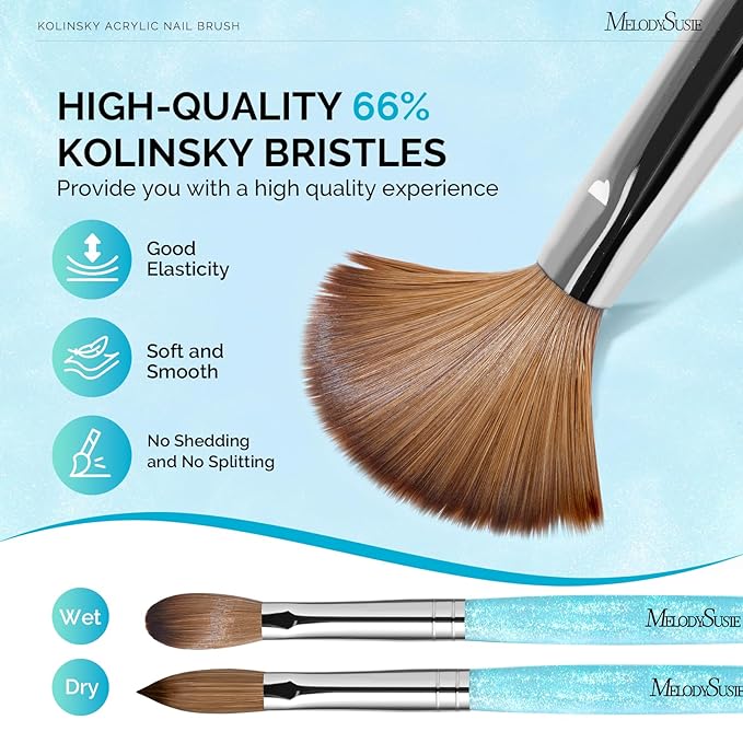 MelodySusie Kolinsky Acrylic Nail Brush,66% Kolinsky Hair Professional Nail Art Brush for Acrylic Application, Aurora Collection Fine Glitter Brush, Blue, Size 10
