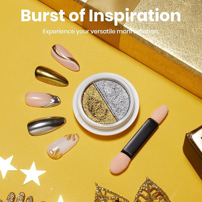 Beetles Chrome Nail Powder 2 Colors Mirror Effect Gold Silver Metallic Crome Powder for Nail Solid Pigment Nails Art Decoration Glitter Manicure Design Gift for Women