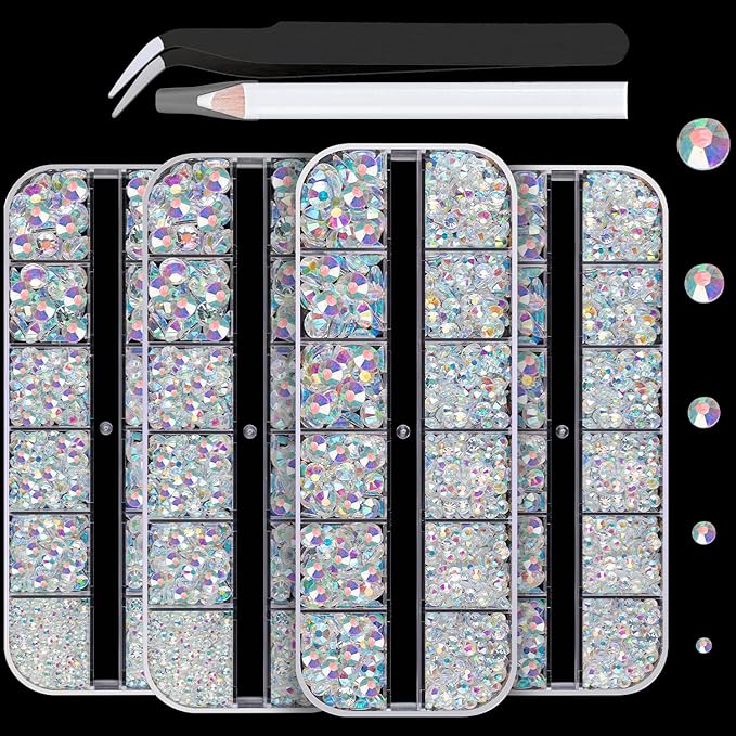 7000PCS Resin Rhinestones with Tweezers for Crafting, 2/3/4/5/6mm Flatback Jelly Rhinestones, 4 Box Transparent AB Non Hotfix Crystal Gems for DIY Crafts Mugs Tumblers Clothes Makeup Nail