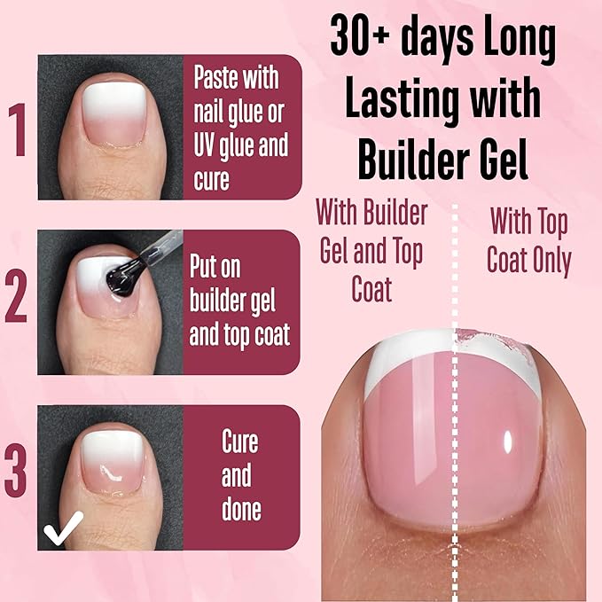 NOVO OVO Fake Toe Nail Tips Press on, French Tip Soft Gel Toenail Extension, BERRY OMBRE Square Round Pre-applied Tip Primer & Base Coat, Full Cover Matte False Nails for DIY x 15 Sizes 360Pcs