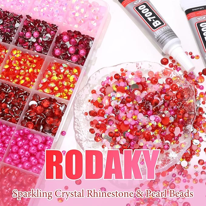 RODAKY Pink Red Rhinestone Gems Resin Jelly Rhinestones for Bedazzling Flatback Pearls Beads Stone for Valentine's Day Crafts 2Pcs 10ml B7000 Jewelry Glues Tweezers Dotting Pen