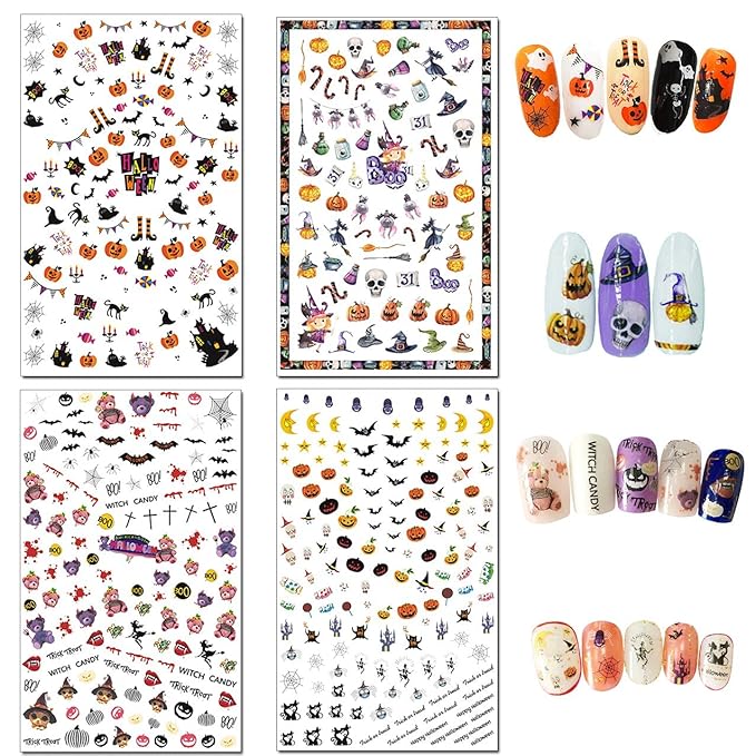 TailaiMei 1500 Pcs Halloween Nail Decals Stickers, 12 Sheets Self-Adhesive DIY Nail Art Tips Stencil for Halloween Party, Include Pumpkin/Bat/Ghost/Witch etc