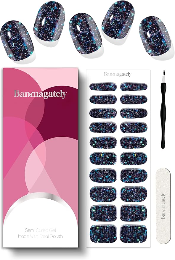Semi Cured Gel Nail Strips, 20Pcs Long Lasting Salon Quality Wraps, Easy Apply & Remove Gel Nail Stickers with UV Light (Ember Glitz Black)