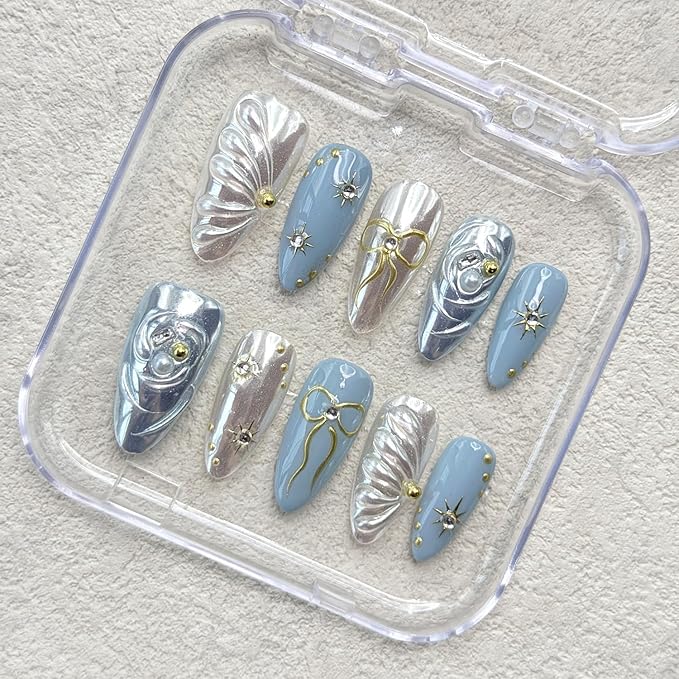 Handmade Press on Nails Medium Almond Fake Nails with Glue,Luxury Rhinestone ＆ 5D Bow Art Blue Press ons Muti-Layer Gel Handmade False Nails for Women (Size M)
