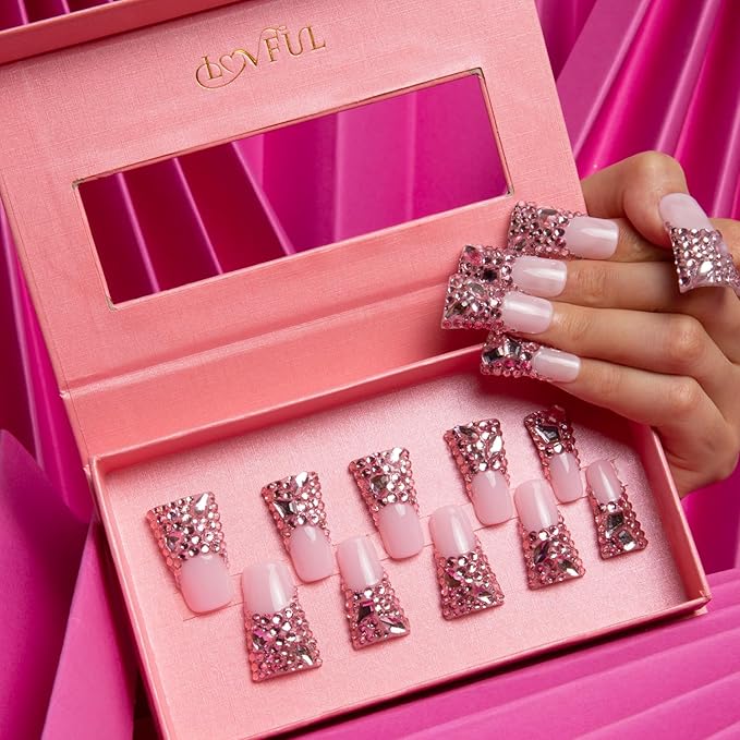 LOVFUL Press on Nails Pink French Tip Rhinestone | Handmade with Full Covered Crystals | Reusable Fake Nails | Duck Classic Regular 1.3 in | H27-M