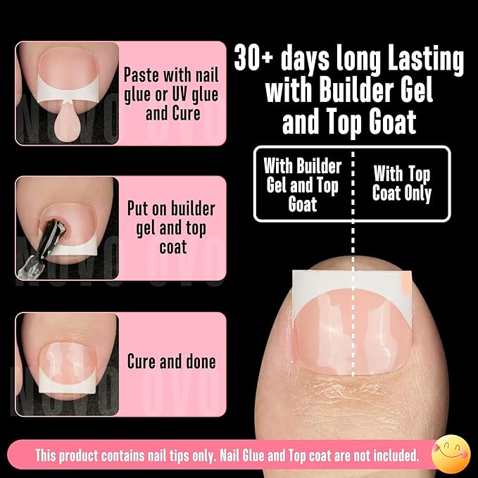 NOVO OVO Extra Short Toe Nail Tips White French Tip BABY PINK Sharp Square Press On, Soft Gel False Fake Toenail Extension Kit, Need Apply Top Coat Buider Gel Nail Glue, Salon DIY x 16 Sizes 224 Pcs