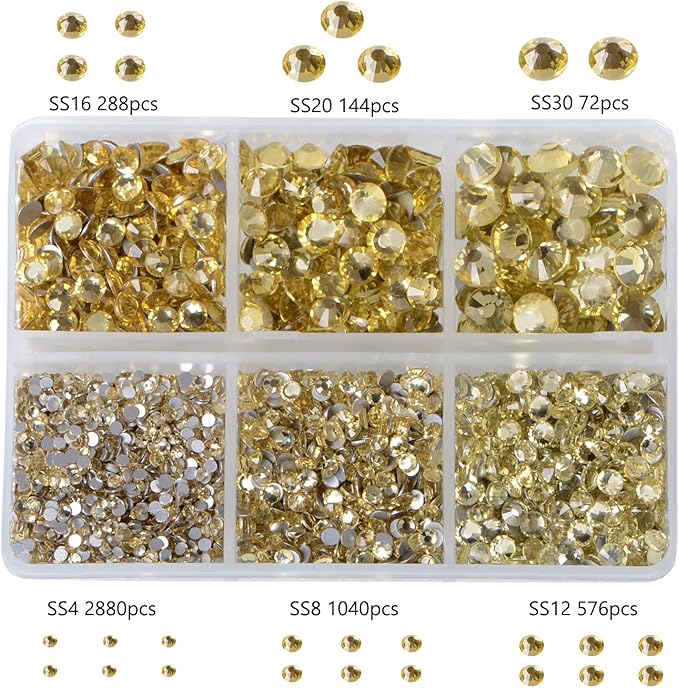 Bymitel 5000 Pieces 6 Mixed Sizes Glue Fix on Glass Rhinestones Round Crystal Gems Flatback for DIY Jewelry Making with one Picking Pen (6-Sizes 5000PCS, Jonquil)