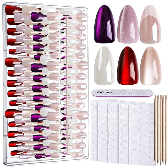 FANDAMEI Press On Nails Almond, 6 Colors Cat Eye Press On Nails, Natural Fake Nails Glossy French Tip, Cat Eye Nails for Women Salon Quality, Christmas Iridescent Chrome Press on Nails Kit