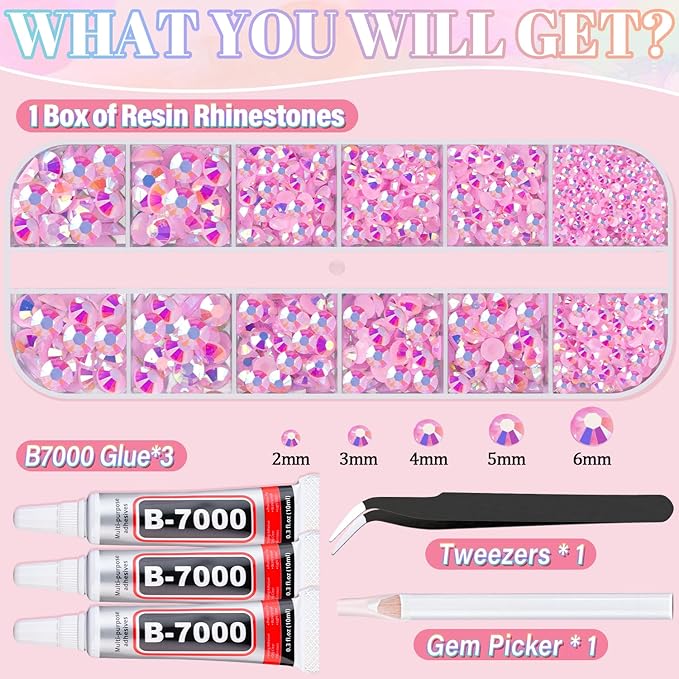 Resin Rhinestones for Crafting with 3Pcs 10ml B7000 Jewelry Glue, 1 Box Light Pink AB Flatback Gems Crystals Diamond for Bedazzling Crafts DIY Nail Art Makeup, Gems for Clothing Tumblers Shoes