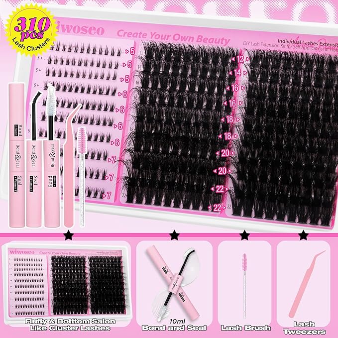 wiwoseo Fluffy Lash Clusters Kit with Bottom Lash Clusters Eyelash Extensions Kit 80D+100D Fluffy Eyelash Clusters 5-22mm Long Cluster Lashes Salon Lashes Clusters Kit with Clear Lash Bond and Seal