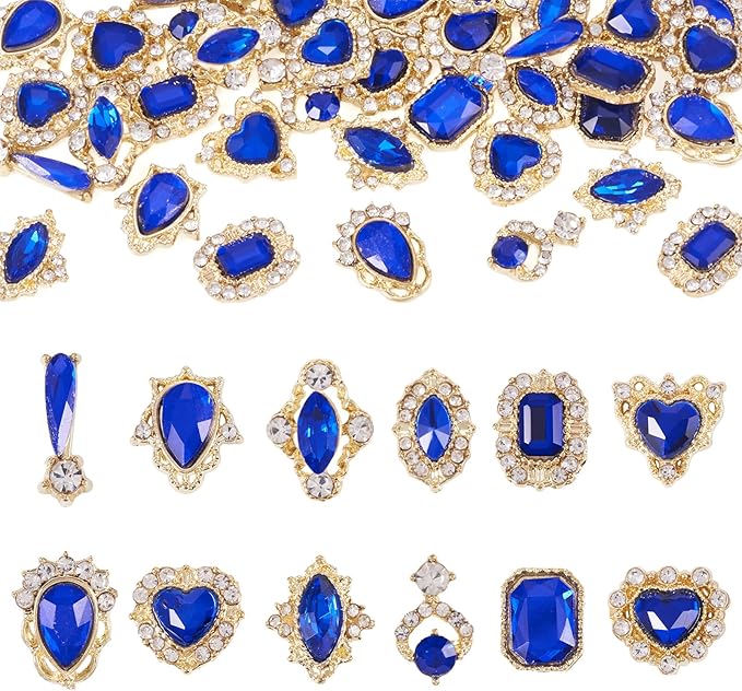 KISSITTY 48pcs Nail Art Rhinestones Flat Back Rhinestone Crystal Cabochons Blue Color Heart Teardrop Rectangle Shape Small Embellishments for Nail Art Craft Decoration Jewelry Making