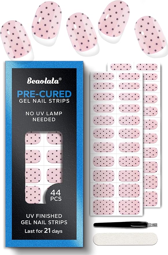 Real Gel Nail Strips (No UV Light Needed) - 44Pcs Salon Quality Nail Stickers - Long Lasting Polish Wraps for Women, Easy Apply & Remove (Sparkle Fade Pink)