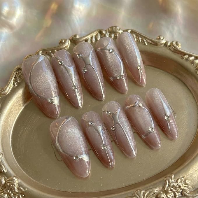 10pcsHandmade Press On Nails Nail Gift Kit Set with Tools Reusable Fake Nail in Soft Nude Pink with Silver Line Art and Rhinestone Detail Almond Shape for Women(XS)