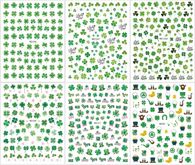 6 Sheets St. Patrick's Day Nail Art Stickers 3D Self-Adhesive Hats, Balloons, Horseshoes, Clover Nail Decals Lucky St Patricks Day Nail Stickers Gold Coins Flower Shamrocks Nail Art Decals for Women