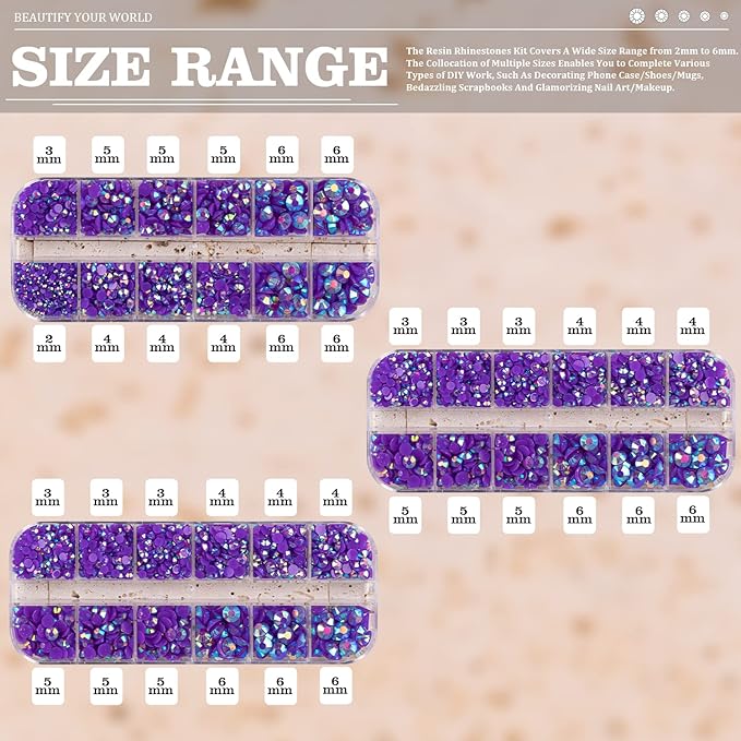 5000PCS Resin Rhinestones with Tweezers for Crafting, 2/3/4/5/6mm Flatback Jelly Rhinestones, 3 Box Dark Purple AB Non Hotfix Crystal Gems for DIY Crafts Mugs Tumblers Clothes Makeup Nail