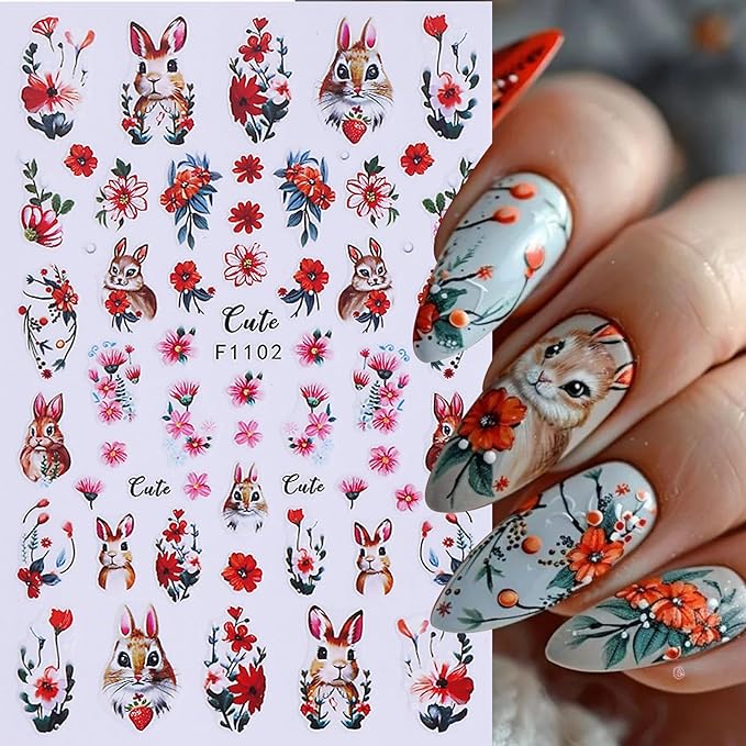 Easter Bunny Nail Art Stickers Decals 12 Sheets 3D Self-Adhesive Cute Rabbit Nail Art Stickers Easter Egg Chick Ears Designs Colorful Flower Daisy Spring Sliders Holiday Manicure Decoration
