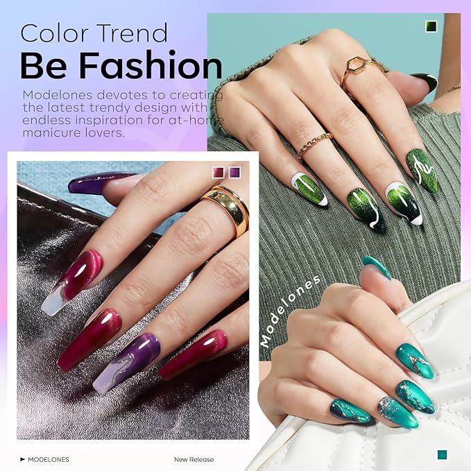 modelones 12Pcs 15ML Cat Eye Gel Nail Polish Set, Same Color Same Bottle Glitter Pink Red Green Purple Blue Cateye Gel Polish Set with Magnet Sparkle Series Hema-free Gel Polish Kit Soak Off Nail Art