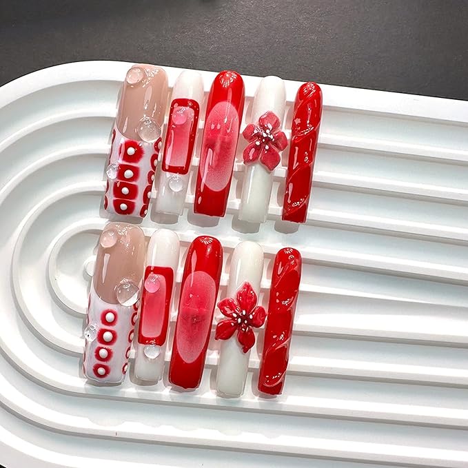 10Pcs Extra Long Square Handmade Press On Nails - Red Ombre French Tip Luxury Full Cover Acrylic Fake Nails with 3D Flower Designs for Women (Size M)
