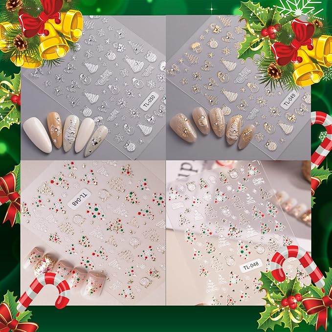 3 Sheets Christmas Tree Nail Art Stickers 5D Self-Adhesive Embossed Cartoon Santa Claus Snowflake Designs Xmas Decals Winter Christmas Tie-Bow Ball Nail Stickers Supplies for DIY Manicure Decor
