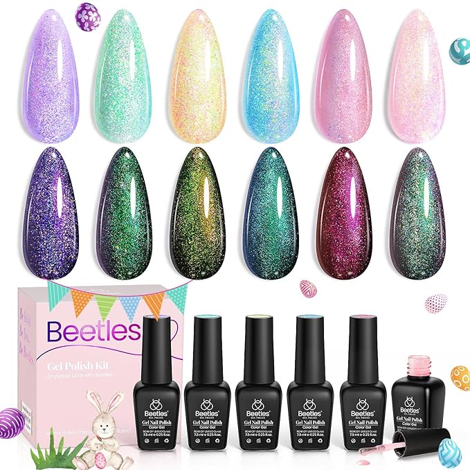 Beetles Glitter Gel Nail Polish Set – Spring 6 Colors Soak Off UV LED Sparkle Gel Polish Kit, Purple Yellow Green Red Pink Easter Nail Gel for Nail Art, Overlay or Base DIY Manicure and Salon Use