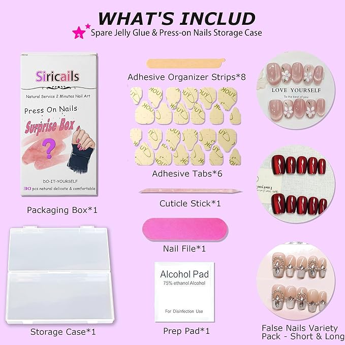 Press On Nails Surprise Box, Mystery Pack of Various Options, Patterns and Nail Types, Reusable,15 Sizes - 30 Nail Kit with Storage Box, Mini File, Manicure Stick, Prep Pad, Nails Adhesive Tabs