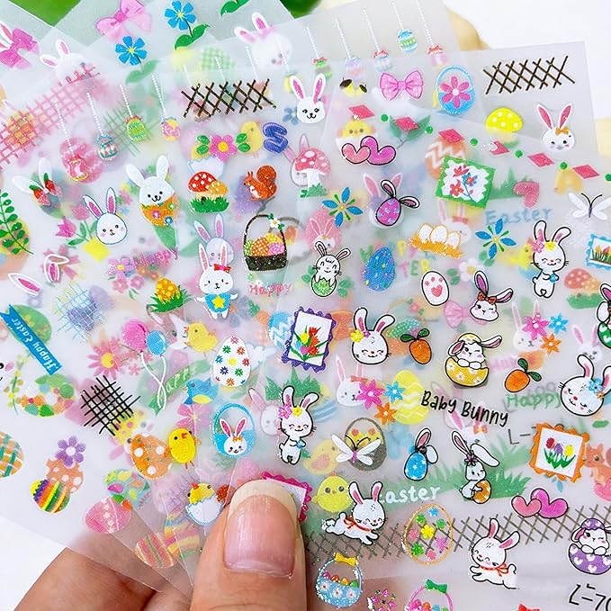Easter Glitter Nail Art Stickers Decals 3D Self-Adhesive Nail Art Accessories Cartoons Bunny Chick Egg Designs Sticker Lovely Easter Manicure DIY Nail Decorations 6 Sheets