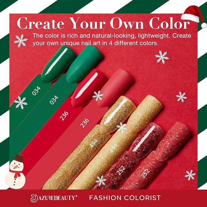 AZUREBEAUTY Christmas Dip Powder Nail Kit, 4 Colors Red Green Gold Glitter Dipping Powder System Liquid Set Recycling Tray, French Nail Art Base & Top Coat Activator DIY Salon.